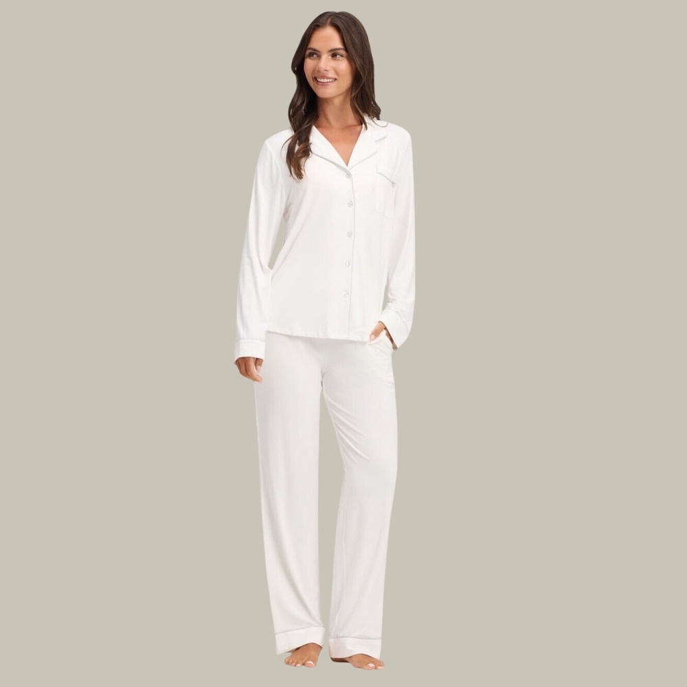 Cozy Earth Womens Pajama Set XXL Ivory Bamboo Stretch Knit Long Sleeve Classic